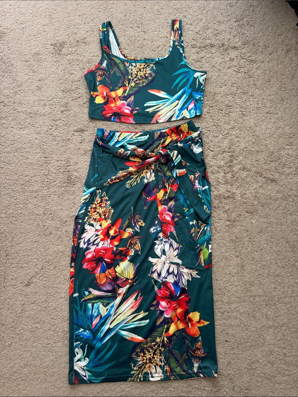 SHEIN Teal Tropical Floral Two-Piece Skirt Set